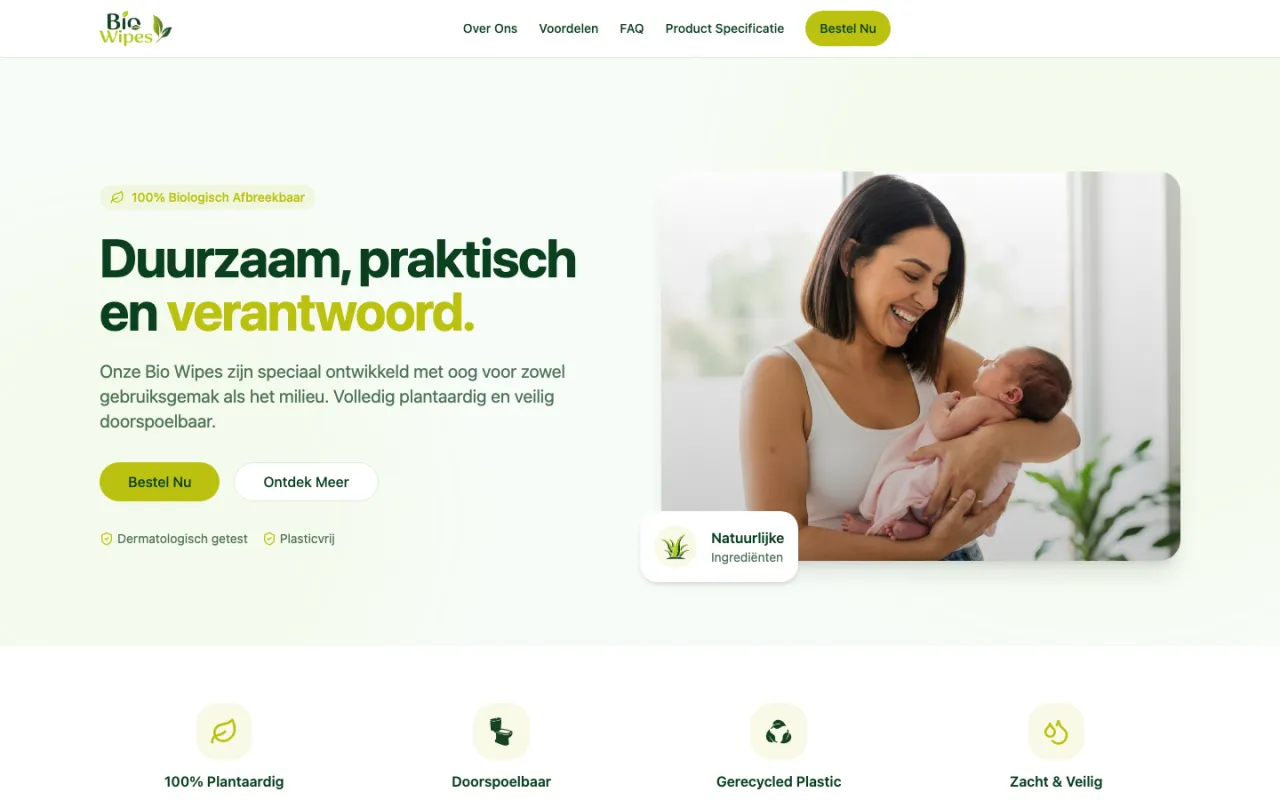 Homepage van Bio-Wipes, webshop voor duurzame biologische doekjes
