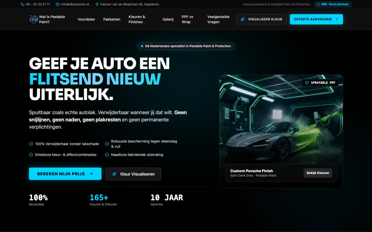 Homepage van DB Customs, website voor een custom automotive bedrijf