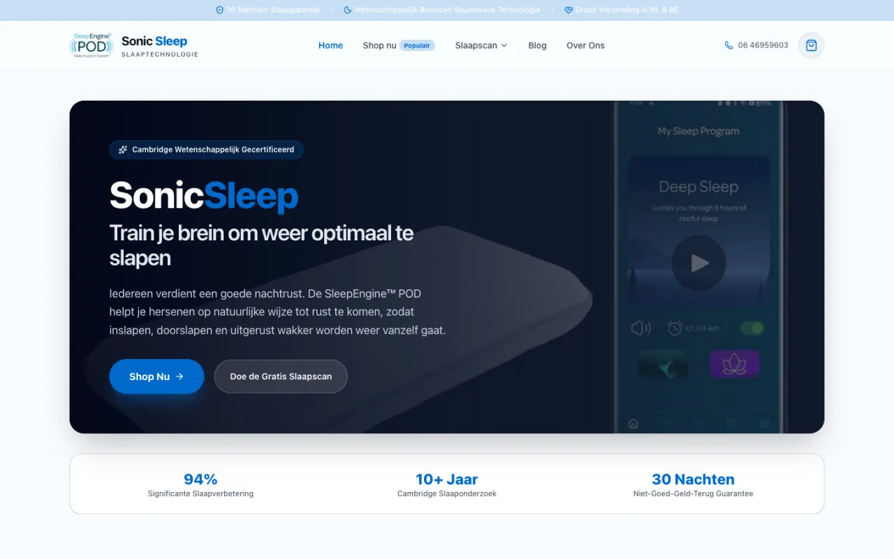 Homepage van SonicSleep, webshop voor slaap- en rustproducten