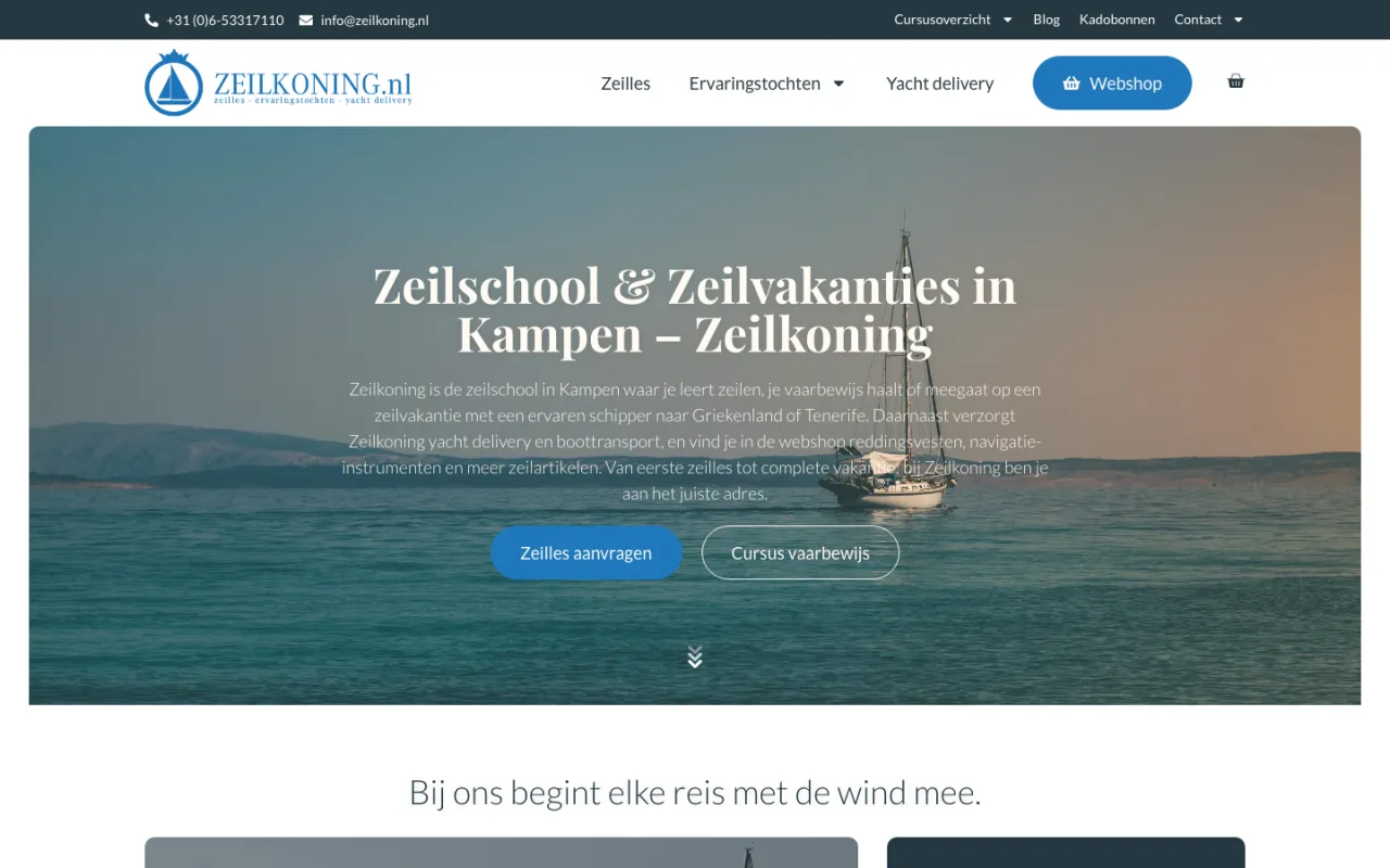 Homepage van Zeilkoning, WordPress-website voor de watersportbranche